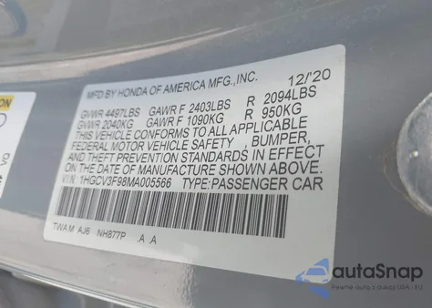 2021 Honda Accord Hybrid Touring from USA, damaged, VIN 1HGCV3F98MA005566
